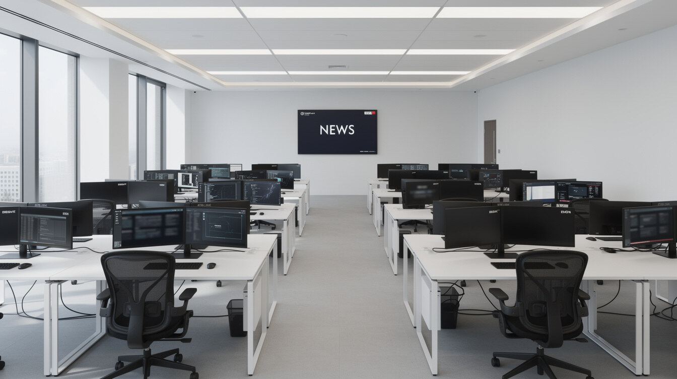 Interior de uma redação de jornalismo com mesas e computadores