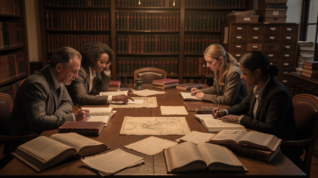 team researching old books