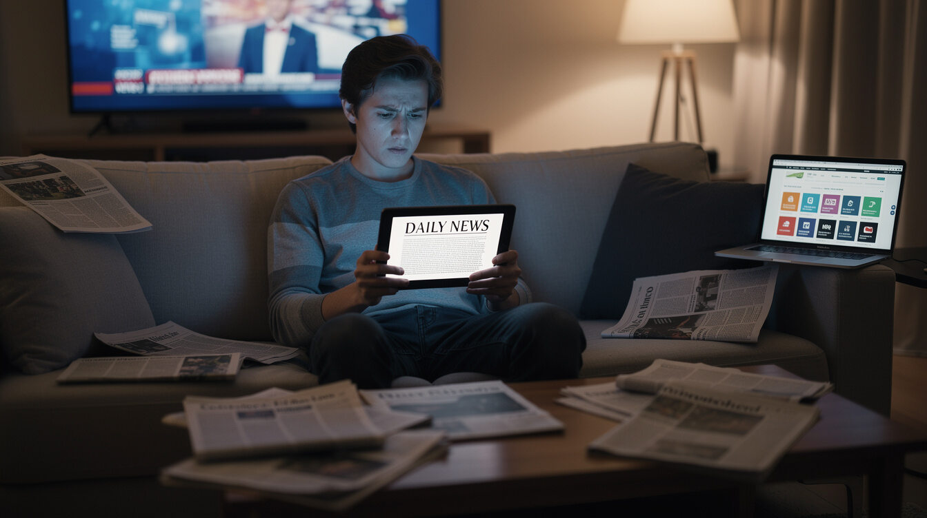 person reading newspaper at home