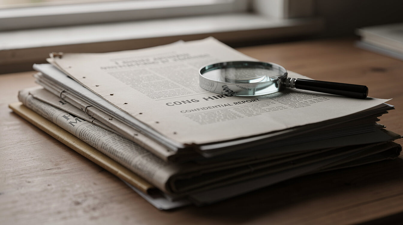 Pilha de documentos e recortes de imprensa numa mesa de trabalho