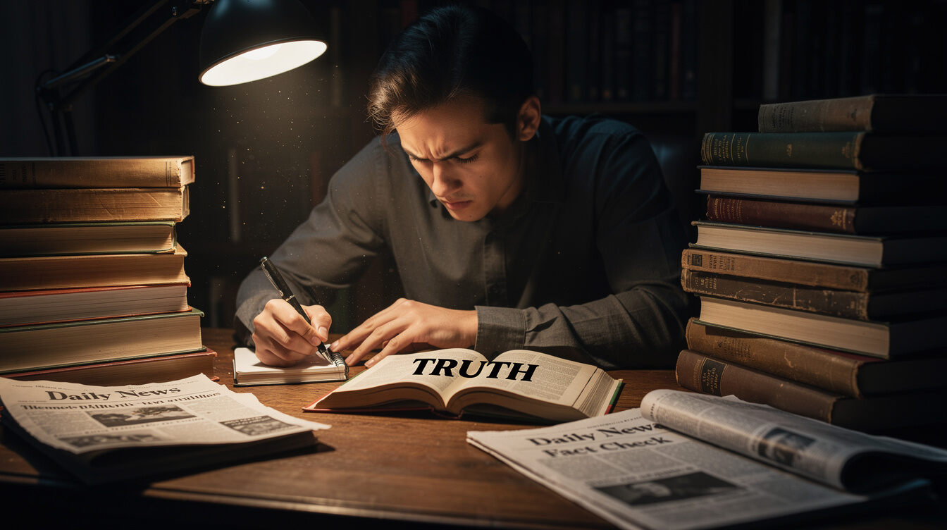 person searching truth in books