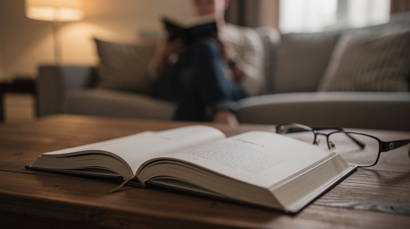 person reading book at home