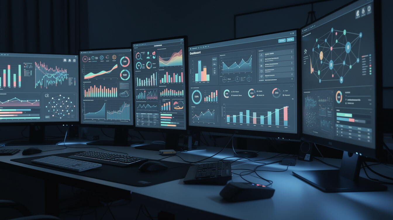 Ecrãs de computador com gráficos de dados e linhas do tempo de verificação