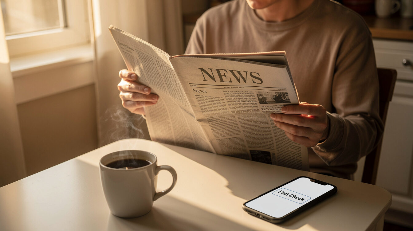 person reading newspaper in morning light