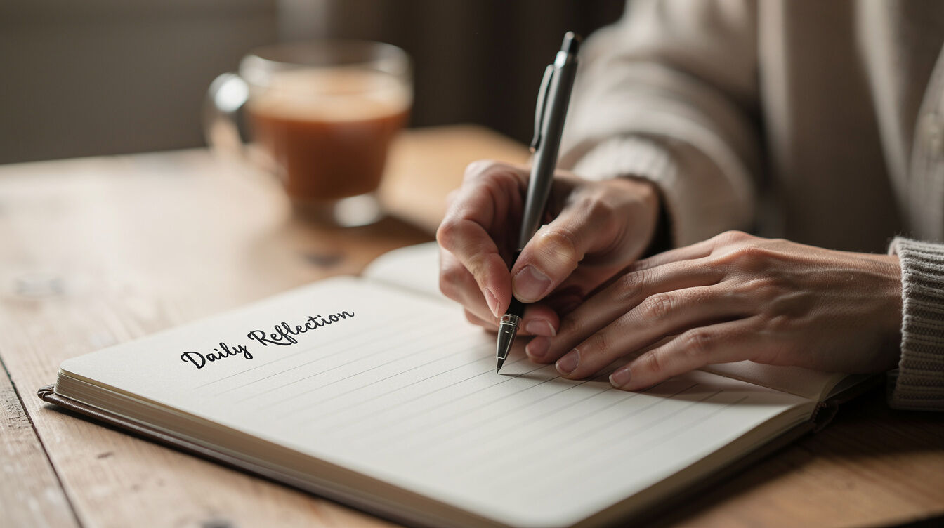 person writing notes in journal