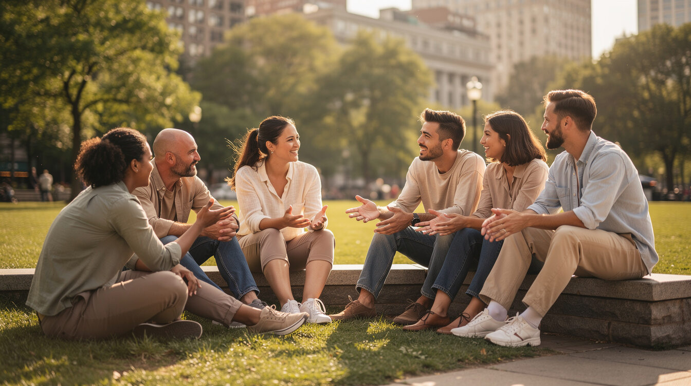 diverse group discussion outdoors